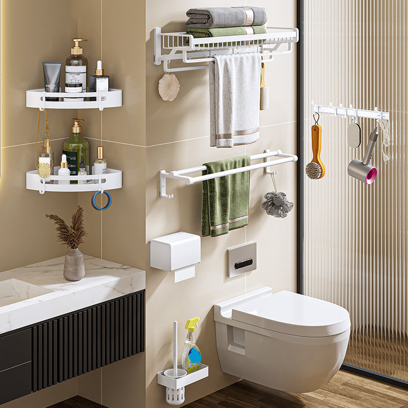 Modern White Finish Bathroom Accessory Set with Bath Shelf/Towel Bar/Robe Hooks Clearhalo 'Bathroom Hardware Sets' 'Bathroom Hardware' 'Bathroom Remodel & Bathroom Fixtures' 'bathroom_hardware_sets' 'Home Improvement' 'home_improvement' 'home_improvement_bathroom_hardware_sets' 7117335