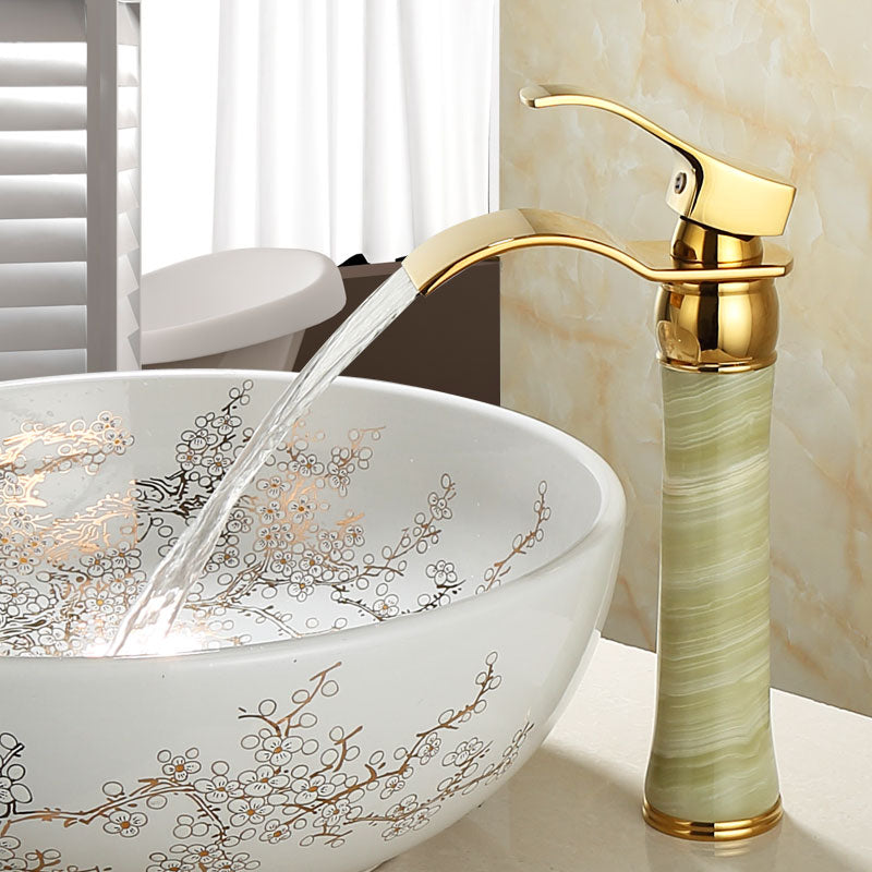 Deck Mounted Copper Roman Tub Faucet Low Arc Roman Tub Faucet Set with Jade Turquoise 11.4" Clearhalo 'Bathroom Remodel & Bathroom Fixtures' 'Bathroom Sink Faucets' 'Bathroom Sinks & Faucet Components' 'bathroom_sink_faucets' 'Home Improvement' 'home_improvement' 'home_improvement_bathroom_sink_faucets' 7119710