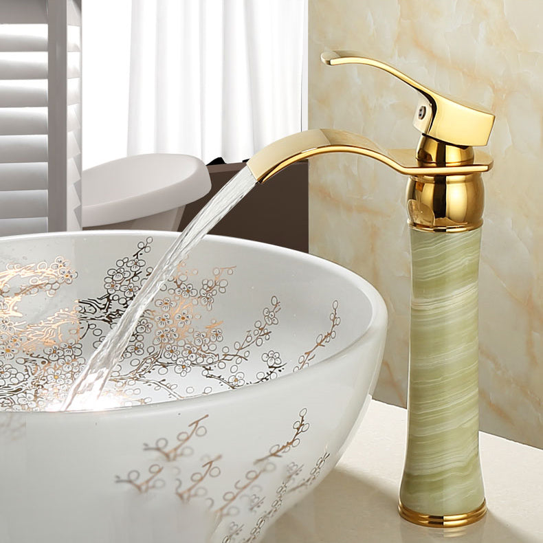 Deck Mounted Copper Roman Tub Faucet Low Arc Roman Tub Faucet Set with Jade Clearhalo 'Bathroom Remodel & Bathroom Fixtures' 'Bathroom Sink Faucets' 'Bathroom Sinks & Faucet Components' 'bathroom_sink_faucets' 'Home Improvement' 'home_improvement' 'home_improvement_bathroom_sink_faucets' 7119713