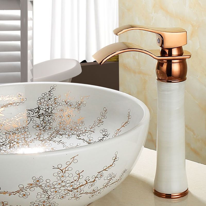 Deck Mounted Copper Roman Tub Faucet Low Arc Roman Tub Faucet Set with Jade White-Red 11.4" Clearhalo 'Bathroom Remodel & Bathroom Fixtures' 'Bathroom Sink Faucets' 'Bathroom Sinks & Faucet Components' 'bathroom_sink_faucets' 'Home Improvement' 'home_improvement' 'home_improvement_bathroom_sink_faucets' 7119726