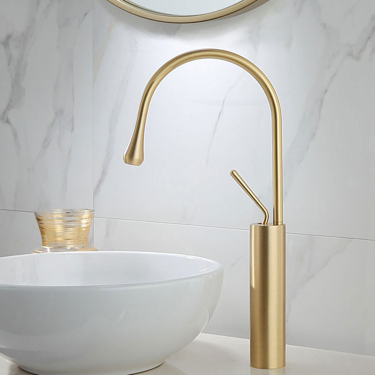 Deck Mounted Metal Bathtub Faucet Tub Filler Single Handle Drip Faucet Gold 18.9" Clearhalo 'Bathroom Remodel & Bathroom Fixtures' 'Bathroom Sink Faucets' 'Bathroom Sinks & Faucet Components' 'bathroom_sink_faucets' 'Home Improvement' 'home_improvement' 'home_improvement_bathroom_sink_faucets' 7119793