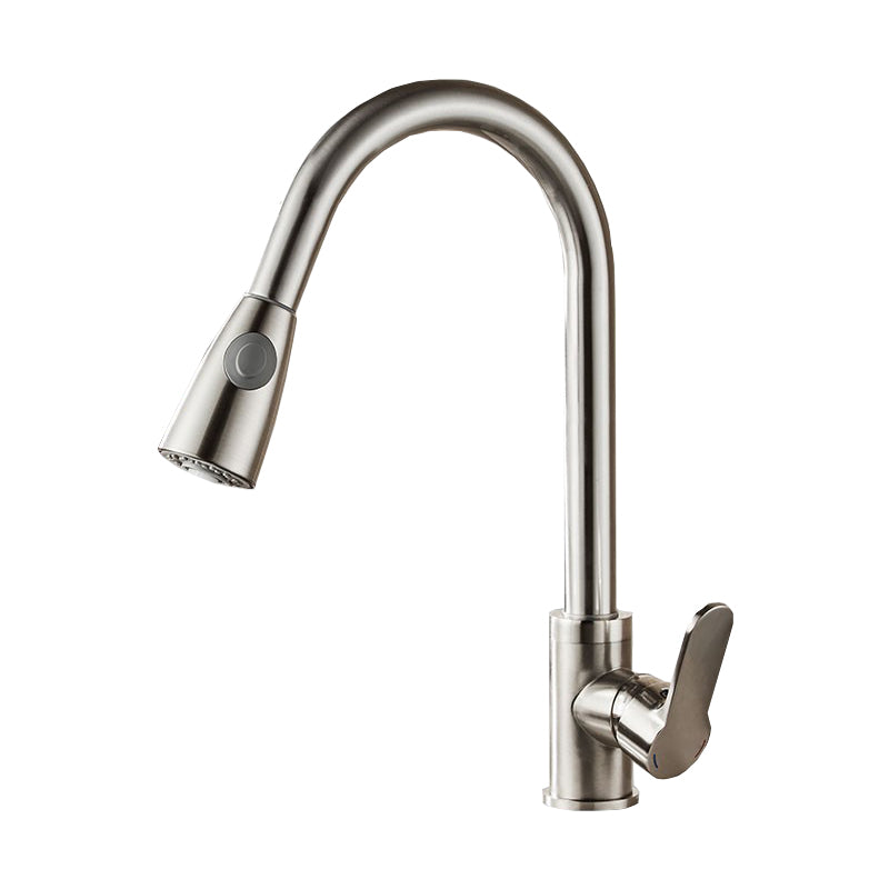 Single Handle Kitchen Sink Faucet High Arch Swivel Spout Standard Kitchen Faucets Nickel Pulling Wide Faucet Clearhalo 'Home Improvement' 'home_improvement' 'home_improvement_kitchen_faucets' 'Kitchen Faucets' 'Kitchen Remodel & Kitchen Fixtures' 'Kitchen Sinks & Faucet Components' 'kitchen_faucets' 7119937
