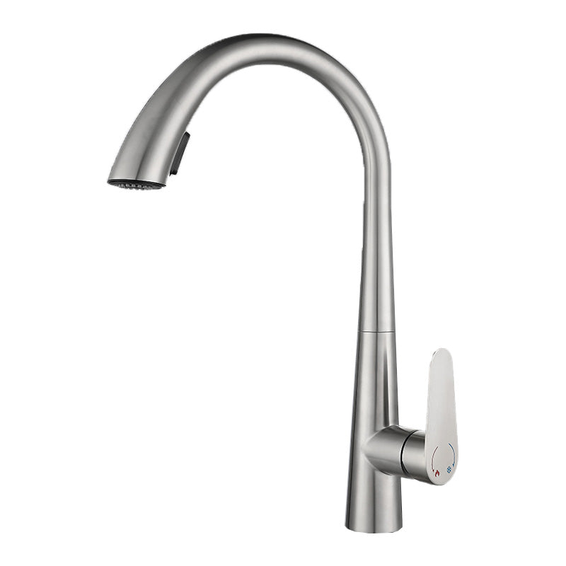 Contemporary High-Arc Kitchen Faucet Swivel Spout with Pull Down Sprayer Nickel Hot/Cold Water Dispensers Clearhalo 'Home Improvement' 'home_improvement' 'home_improvement_kitchen_faucets' 'Kitchen Faucets' 'Kitchen Remodel & Kitchen Fixtures' 'Kitchen Sinks & Faucet Components' 'kitchen_faucets' 7119997