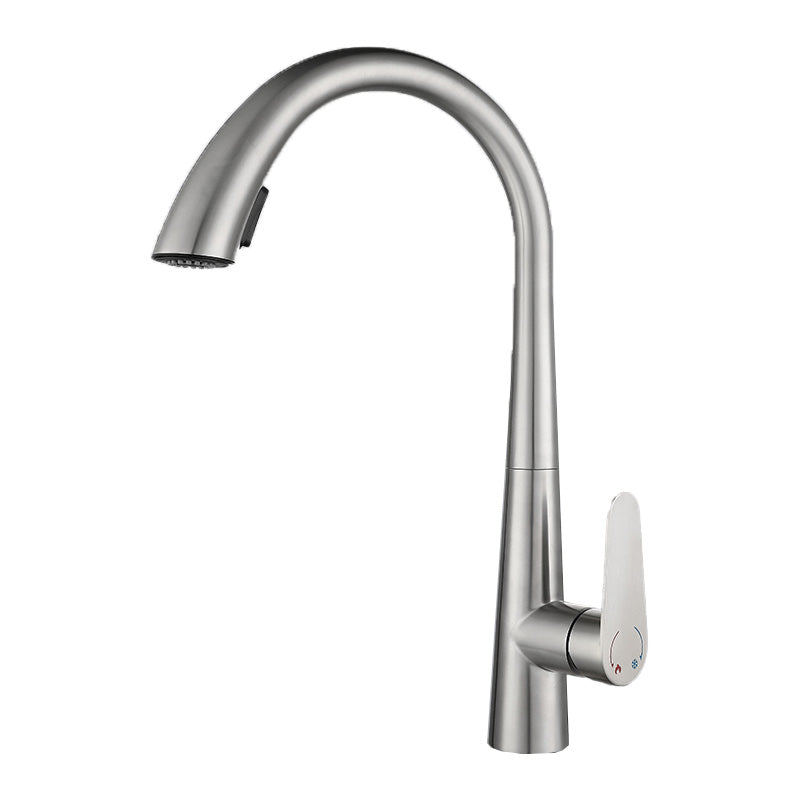 Contemporary High-Arc Kitchen Faucet Swivel Spout with Pull Down Sprayer Nickel Hot Cold Water Dispensers Clearhalo 'Home Improvement' 'home_improvement' 'home_improvement_kitchen_faucets' 'Kitchen Faucets' 'Kitchen Remodel & Kitchen Fixtures' 'Kitchen Sinks & Faucet Components' 'kitchen_faucets' 7119997