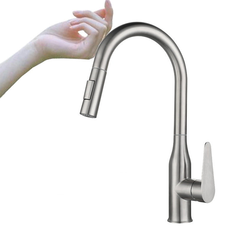 Kitchen Bar Faucet Swivel Spout 304 Stainless Steel with Pull Out Sprayer Silver Touch Clearhalo 'Home Improvement' 'home_improvement' 'home_improvement_kitchen_faucets' 'Kitchen Faucets' 'Kitchen Remodel & Kitchen Fixtures' 'Kitchen Sinks & Faucet Components' 'kitchen_faucets' 7120079
