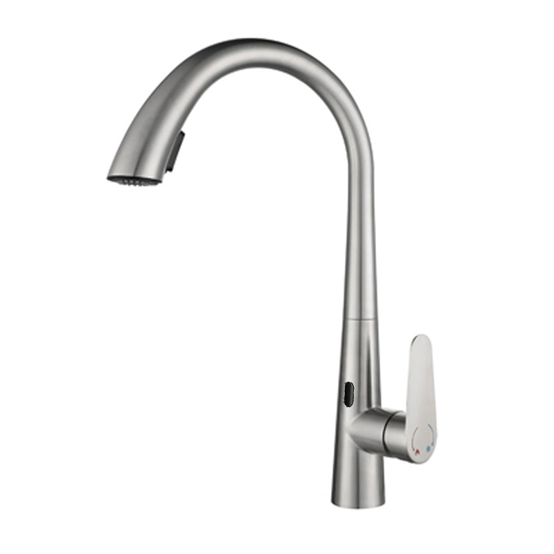 Gooseneck Swivel Spout Kitchen Sink Faucet Touchless Sensor with Pull Down Sprayer Silver Sensor Clearhalo 'Home Improvement' 'home_improvement' 'home_improvement_kitchen_faucets' 'Kitchen Faucets' 'Kitchen Remodel & Kitchen Fixtures' 'Kitchen Sinks & Faucet Components' 'kitchen_faucets' 7120090