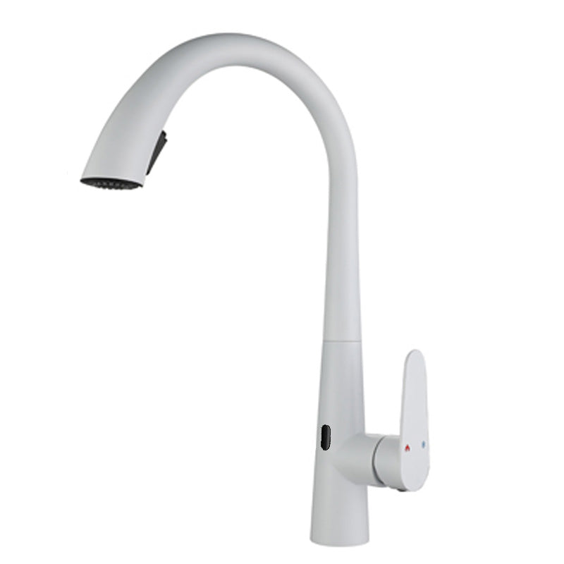 Gooseneck Swivel Spout Kitchen Sink Faucet Touchless Sensor with Pull Down Sprayer White Sensor Clearhalo 'Home Improvement' 'home_improvement' 'home_improvement_kitchen_faucets' 'Kitchen Faucets' 'Kitchen Remodel & Kitchen Fixtures' 'Kitchen Sinks & Faucet Components' 'kitchen_faucets' 7120092