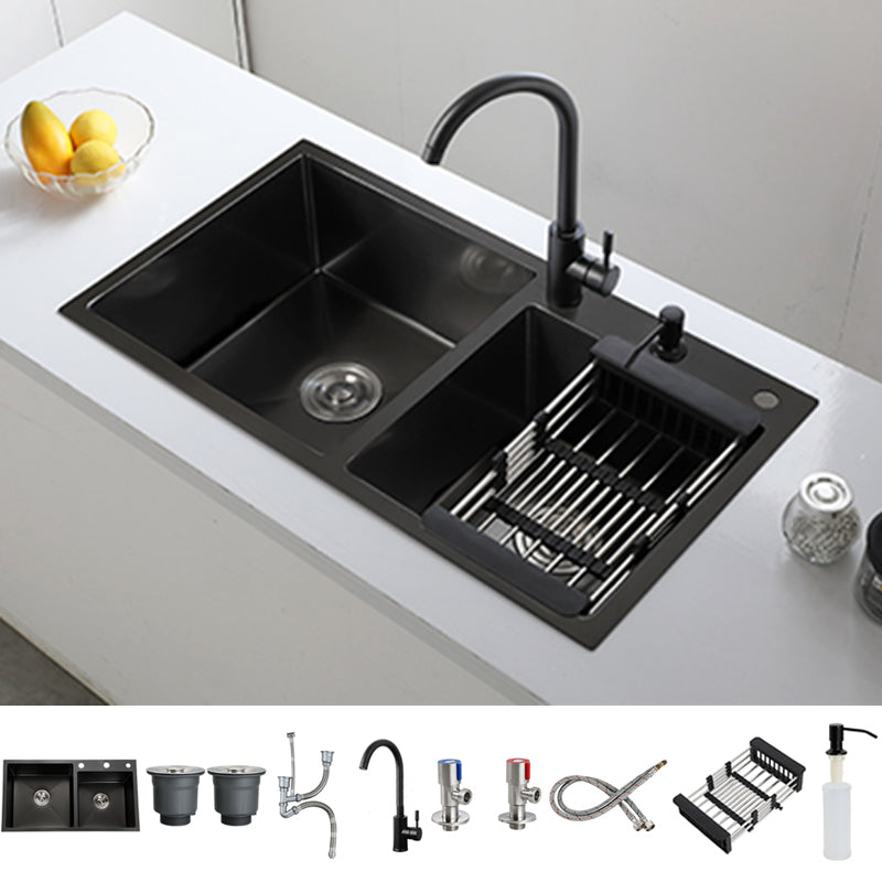 Double Bowl Stainless Steel Sink in black with Strainer Drop-In Kitchen Sink Sink with Faucet Round Faucet Clearhalo 'Home Improvement' 'home_improvement' 'home_improvement_kitchen_sinks' 'Kitchen Remodel & Kitchen Fixtures' 'Kitchen Sinks & Faucet Components' 'Kitchen Sinks' 'kitchen_sinks' 7126162
