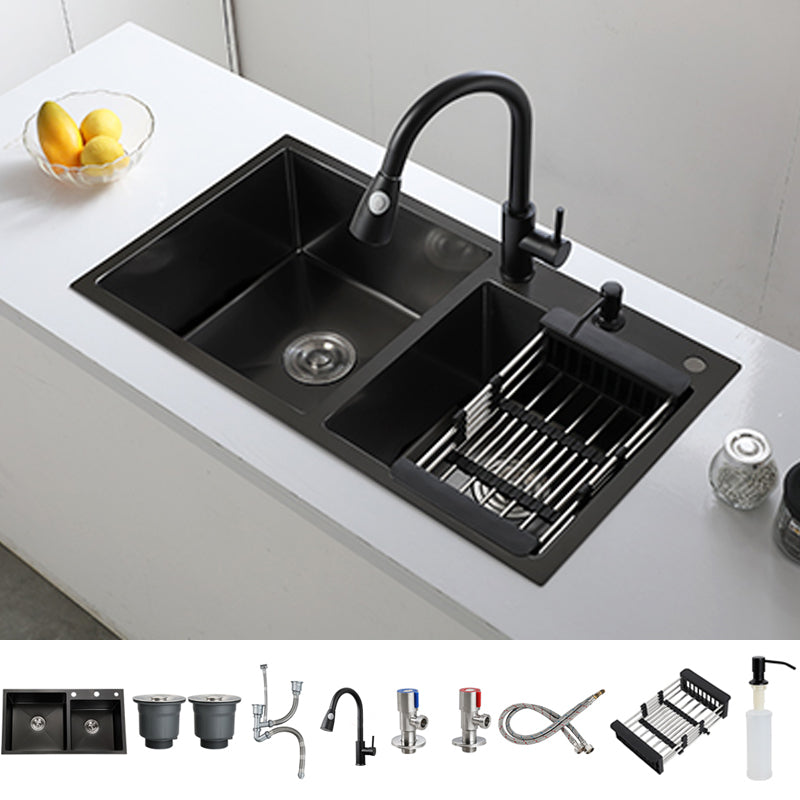 Double Bowl Stainless Steel Sink in black with Strainer Drop-In Kitchen Sink Sink with Faucet Pull Out Faucet Clearhalo 'Home Improvement' 'home_improvement' 'home_improvement_kitchen_sinks' 'Kitchen Remodel & Kitchen Fixtures' 'Kitchen Sinks & Faucet Components' 'Kitchen Sinks' 'kitchen_sinks' 7126163