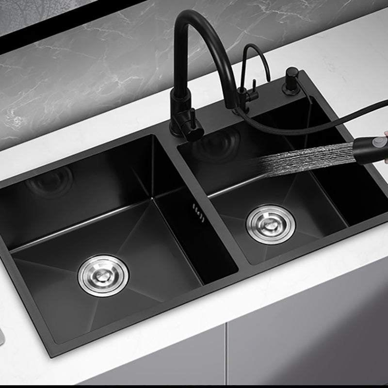 Double Bowl Stainless Steel Sink in black with Strainer Drop-In Kitchen Sink Clearhalo 'Home Improvement' 'home_improvement' 'home_improvement_kitchen_sinks' 'Kitchen Remodel & Kitchen Fixtures' 'Kitchen Sinks & Faucet Components' 'Kitchen Sinks' 'kitchen_sinks' 7126164