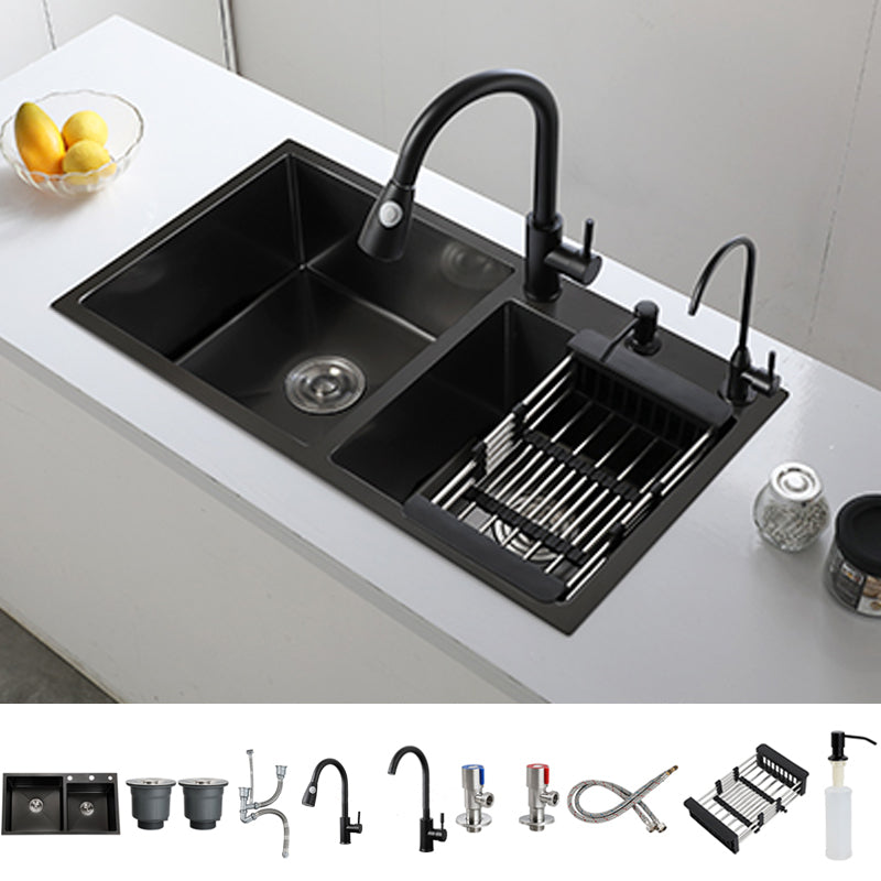 Double Bowl Stainless Steel Sink in black with Strainer Drop-In Kitchen Sink Sink with Faucet Double Tap for Water Purification Clearhalo 'Home Improvement' 'home_improvement' 'home_improvement_kitchen_sinks' 'Kitchen Remodel & Kitchen Fixtures' 'Kitchen Sinks & Faucet Components' 'Kitchen Sinks' 'kitchen_sinks' 7126165