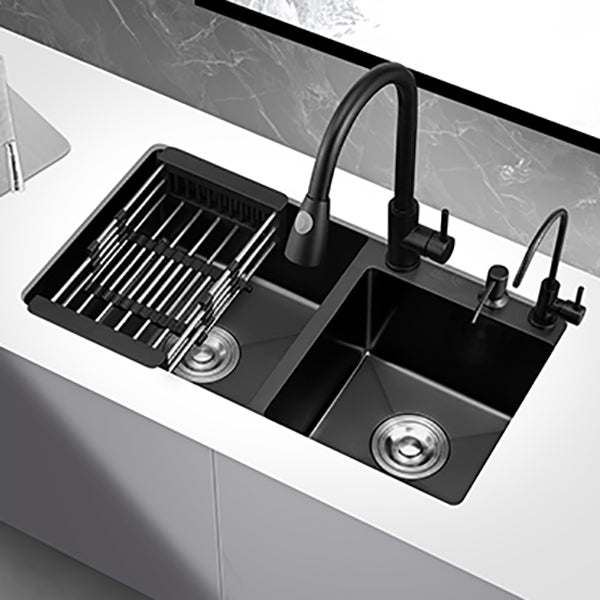 Double Bowl Stainless Steel Sink in black with Strainer Drop-In Kitchen Sink Clearhalo 'Home Improvement' 'home_improvement' 'home_improvement_kitchen_sinks' 'Kitchen Remodel & Kitchen Fixtures' 'Kitchen Sinks & Faucet Components' 'Kitchen Sinks' 'kitchen_sinks' 7126166