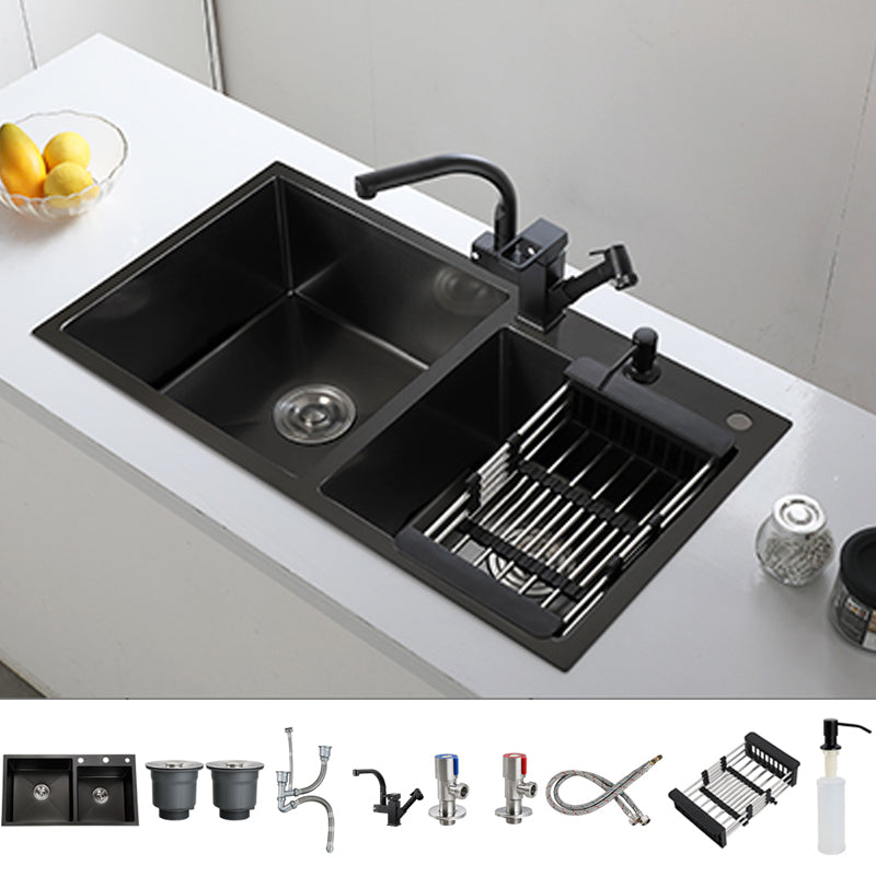 Double Bowl Stainless Steel Sink in black with Strainer Drop-In Kitchen Sink Sink with Faucet Robot Faucet Clearhalo 'Home Improvement' 'home_improvement' 'home_improvement_kitchen_sinks' 'Kitchen Remodel & Kitchen Fixtures' 'Kitchen Sinks & Faucet Components' 'Kitchen Sinks' 'kitchen_sinks' 7126167