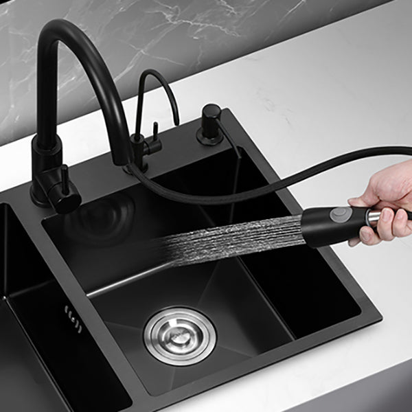 Double Bowl Stainless Steel Sink in black with Strainer Drop-In Kitchen Sink Clearhalo 'Home Improvement' 'home_improvement' 'home_improvement_kitchen_sinks' 'Kitchen Remodel & Kitchen Fixtures' 'Kitchen Sinks & Faucet Components' 'Kitchen Sinks' 'kitchen_sinks' 7126168