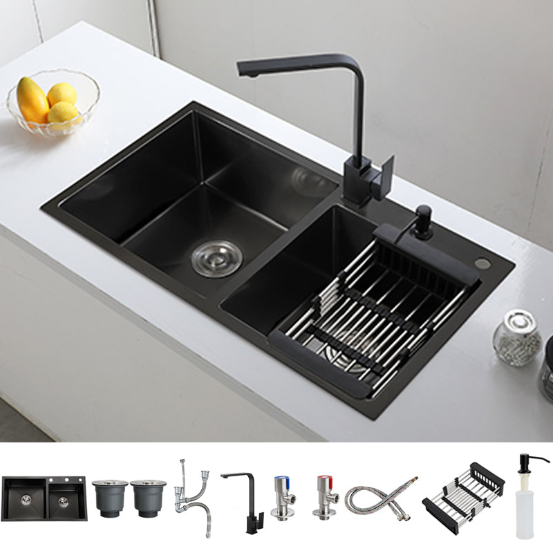 Double Bowl Stainless Steel Sink in black with Strainer Drop-In Kitchen Sink Sink with Faucet Seven Character Faucet Clearhalo 'Home Improvement' 'home_improvement' 'home_improvement_kitchen_sinks' 'Kitchen Remodel & Kitchen Fixtures' 'Kitchen Sinks & Faucet Components' 'Kitchen Sinks' 'kitchen_sinks' 7126169