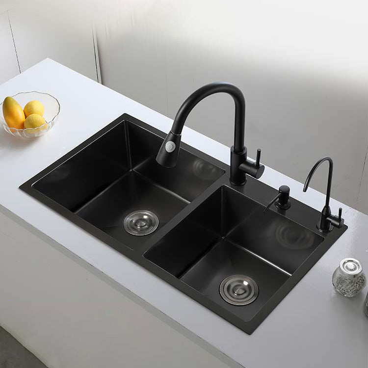 Double Bowl Stainless Steel Sink in black with Strainer Drop-In Kitchen Sink Clearhalo 'Home Improvement' 'home_improvement' 'home_improvement_kitchen_sinks' 'Kitchen Remodel & Kitchen Fixtures' 'Kitchen Sinks & Faucet Components' 'Kitchen Sinks' 'kitchen_sinks' 7126171