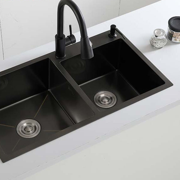Double Bowl Stainless Steel Sink in black with Strainer Drop-In Kitchen Sink Clearhalo 'Home Improvement' 'home_improvement' 'home_improvement_kitchen_sinks' 'Kitchen Remodel & Kitchen Fixtures' 'Kitchen Sinks & Faucet Components' 'Kitchen Sinks' 'kitchen_sinks' 7126172