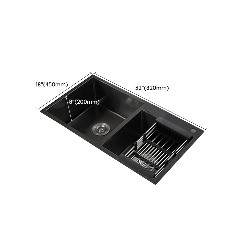 Double Bowl Stainless Steel Sink in black with Strainer Drop-In Kitchen Sink Clearhalo 'Home Improvement' 'home_improvement' 'home_improvement_kitchen_sinks' 'Kitchen Remodel & Kitchen Fixtures' 'Kitchen Sinks & Faucet Components' 'Kitchen Sinks' 'kitchen_sinks' 7126178
