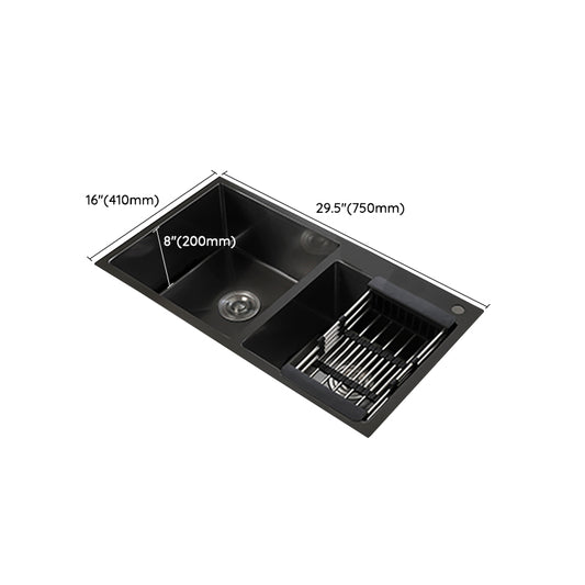 Double Bowl Stainless Steel Sink in black with Strainer Drop-In Kitchen Sink Clearhalo 'Home Improvement' 'home_improvement' 'home_improvement_kitchen_sinks' 'Kitchen Remodel & Kitchen Fixtures' 'Kitchen Sinks & Faucet Components' 'Kitchen Sinks' 'kitchen_sinks' 7126180