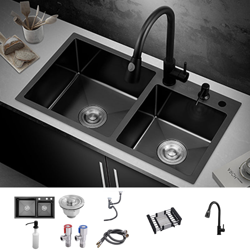 Kitchen Double Sink Stainless Steel Drop-In Kitchen Sink in Black Sink with Faucet Pull Out Faucet Clearhalo 'Home Improvement' 'home_improvement' 'home_improvement_kitchen_sinks' 'Kitchen Remodel & Kitchen Fixtures' 'Kitchen Sinks & Faucet Components' 'Kitchen Sinks' 'kitchen_sinks' 7126323