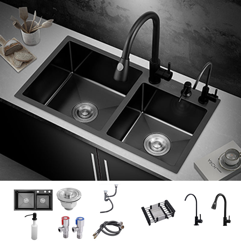 Kitchen Double Sink Stainless Steel Drop-In Kitchen Sink in Black Sink with Faucet Double Tap for Water Purification Clearhalo 'Home Improvement' 'home_improvement' 'home_improvement_kitchen_sinks' 'Kitchen Remodel & Kitchen Fixtures' 'Kitchen Sinks & Faucet Components' 'Kitchen Sinks' 'kitchen_sinks' 7126326