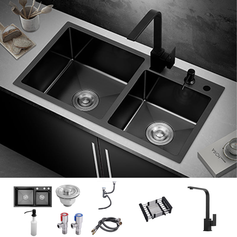 Kitchen Double Sink Stainless Steel Drop-In Kitchen Sink in Black Sink with Faucet Square Faucet Clearhalo 'Home Improvement' 'home_improvement' 'home_improvement_kitchen_sinks' 'Kitchen Remodel & Kitchen Fixtures' 'Kitchen Sinks & Faucet Components' 'Kitchen Sinks' 'kitchen_sinks' 7126327