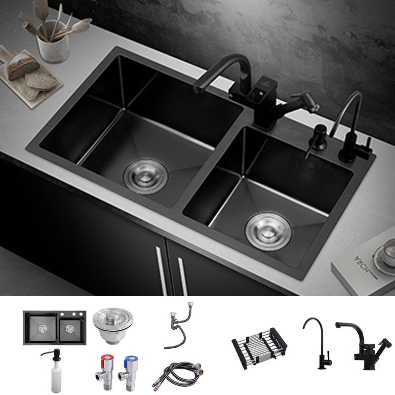 Kitchen Double Sink Stainless Steel Drop-In Kitchen Sink in Black Sink with Faucet Robot Water Purification Double Tap Clearhalo 'Home Improvement' 'home_improvement' 'home_improvement_kitchen_sinks' 'Kitchen Remodel & Kitchen Fixtures' 'Kitchen Sinks & Faucet Components' 'Kitchen Sinks' 'kitchen_sinks' 7126329