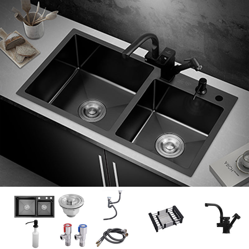 Kitchen Double Sink Stainless Steel Drop-In Kitchen Sink in Black Sink with Faucet Robot Faucet Clearhalo 'Home Improvement' 'home_improvement' 'home_improvement_kitchen_sinks' 'Kitchen Remodel & Kitchen Fixtures' 'Kitchen Sinks & Faucet Components' 'Kitchen Sinks' 'kitchen_sinks' 7126331