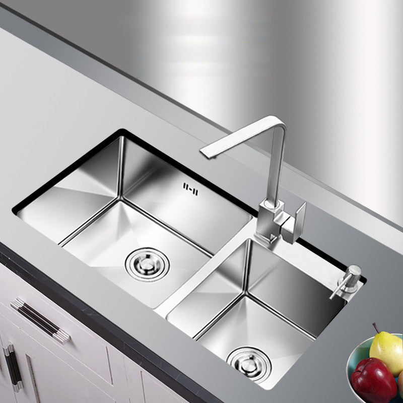 Kitchen Double Sink Stainless Steel Modern Style Drop-In Kitchen Sink 32"L x 18"W x 9"H Sink with Faucet Square Faucet Clearhalo 'Home Improvement' 'home_improvement' 'home_improvement_kitchen_sinks' 'Kitchen Remodel & Kitchen Fixtures' 'Kitchen Sinks & Faucet Components' 'Kitchen Sinks' 'kitchen_sinks' 7126360