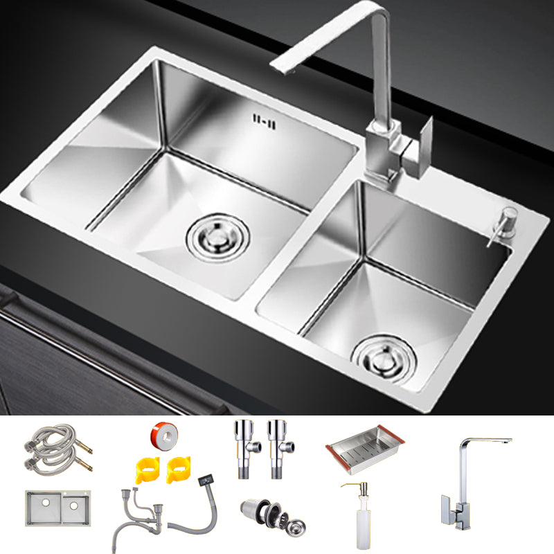 Kitchen Double Sink Stainless Steel Modern Style Drop-In Kitchen Sink Sink with Faucet Square Faucet Clearhalo 'Home Improvement' 'home_improvement' 'home_improvement_kitchen_sinks' 'Kitchen Remodel & Kitchen Fixtures' 'Kitchen Sinks & Faucet Components' 'Kitchen Sinks' 'kitchen_sinks' 7126364