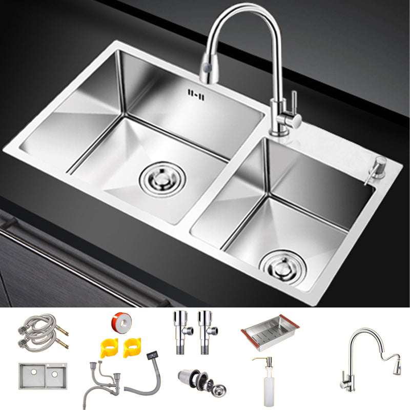 Kitchen Double Sink Stainless Steel Modern Style Drop-In Kitchen Sink Sink with Faucet Pull Out Faucet Clearhalo 'Home Improvement' 'home_improvement' 'home_improvement_kitchen_sinks' 'Kitchen Remodel & Kitchen Fixtures' 'Kitchen Sinks & Faucet Components' 'Kitchen Sinks' 'kitchen_sinks' 7126366