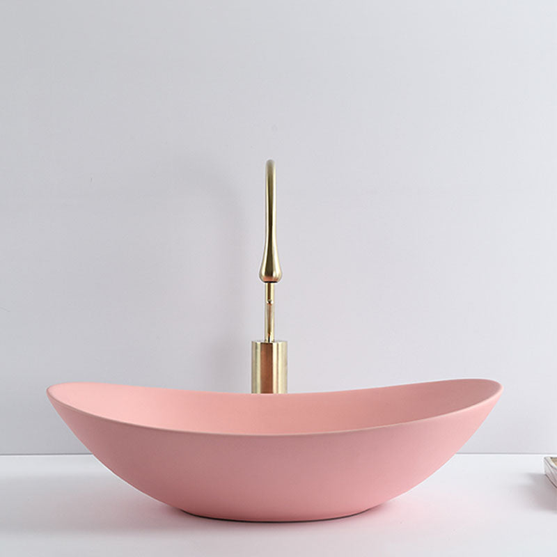 Contemporary Vessel Bathroom Sink Porcelain Vessel Lavatory Sink 20.5"L x 12.8"W x 5.9"H Pink Droplet Faucet Clearhalo 'Bathroom Remodel & Bathroom Fixtures' 'Bathroom Sinks & Faucet Components' 'Bathroom Sinks' 'bathroom_sink' 'Home Improvement' 'home_improvement' 'home_improvement_bathroom_sink' 7126423