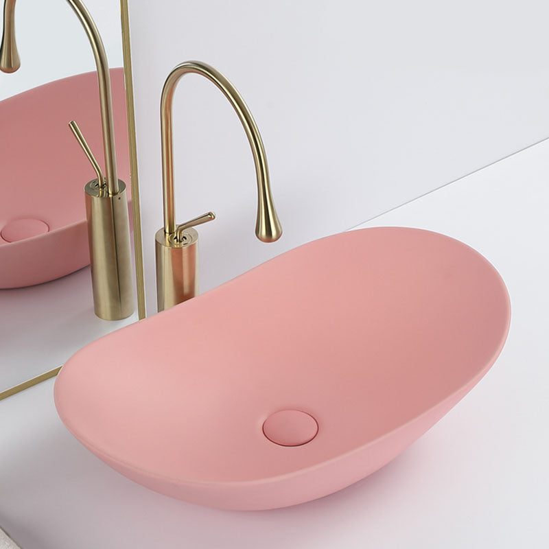 Contemporary Vessel Bathroom Sink Porcelain Vessel Lavatory Sink 17"L x 11"W x 6"H Pink Droplet Faucet Clearhalo 'Bathroom Remodel & Bathroom Fixtures' 'Bathroom Sinks & Faucet Components' 'Bathroom Sinks' 'bathroom_sink' 'Home Improvement' 'home_improvement' 'home_improvement_bathroom_sink' 7126428