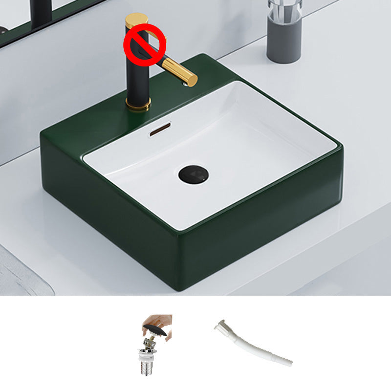 Ceramic Vessel Bath Sink Overflow Rectangular Swivel Faucet Bathroom Sink 17"L x 17"W x 5"H Blackish Green Sink Clearhalo 'Bathroom Remodel & Bathroom Fixtures' 'Bathroom Sinks & Faucet Components' 'Bathroom Sinks' 'bathroom_sink' 'Home Improvement' 'home_improvement' 'home_improvement_bathroom_sink' 7126497