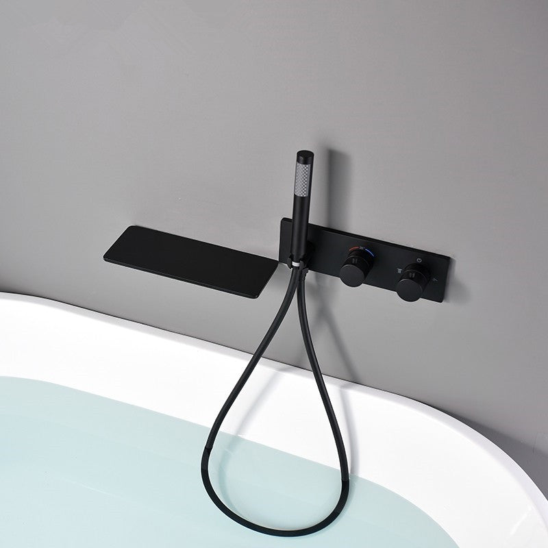 Modern Bath Filler Trim Copper Knob Handles with Handshower Wall Mounted Tub Filler Black Joined Clearhalo 'Bathroom Remodel & Bathroom Fixtures' 'Bathtub Faucets' 'bathtub_faucets' 'Home Improvement' 'home_improvement' 'home_improvement_bathtub_faucets' 7126583