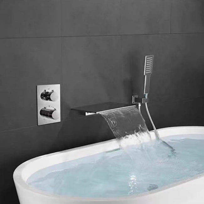 Modern Bath Filler Trim Copper Knob Handles with Handshower Wall Mounted Tub Filler Chrome Split-Body Valve Clearhalo 'Bathroom Remodel & Bathroom Fixtures' 'Bathtub Faucets' 'bathtub_faucets' 'Home Improvement' 'home_improvement' 'home_improvement_bathtub_faucets' 7126592