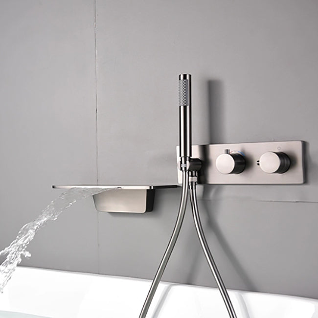 Modern Bath Filler Trim Copper Knob Handles with Handshower Wall Mounted Tub Filler Clearhalo 'Bathroom Remodel & Bathroom Fixtures' 'Bathtub Faucets' 'bathtub_faucets' 'Home Improvement' 'home_improvement' 'home_improvement_bathtub_faucets' 7126595