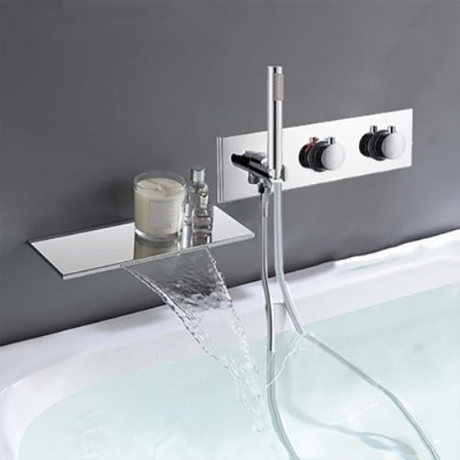 Modern Bath Filler Trim Copper Knob Handles with Handshower Wall Mounted Tub Filler Chrome Joined Clearhalo 'Bathroom Remodel & Bathroom Fixtures' 'Bathtub Faucets' 'bathtub_faucets' 'Home Improvement' 'home_improvement' 'home_improvement_bathtub_faucets' 7126597