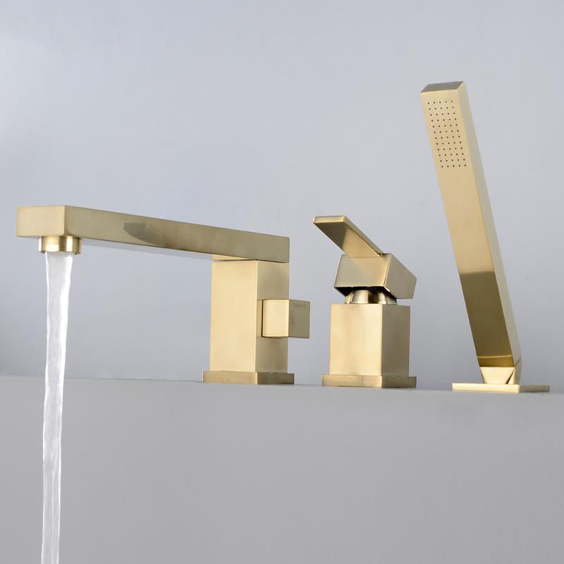 Contemporary Bath Faucet Deck Mount Plain Bathtub Faucet with Knob Handles Gold 3 Hole Faucets Clearhalo 'Bathroom Remodel & Bathroom Fixtures' 'Bathtub Faucets' 'bathtub_faucets' 'Home Improvement' 'home_improvement' 'home_improvement_bathtub_faucets' 7126611
