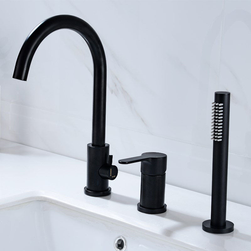 Modern Roman Tub Faucet Set Copper Deck-Mount with Handles Bathtub Faucet Black 3 Hole Faucets Hand Shower Included Clearhalo 'Bathroom Remodel & Bathroom Fixtures' 'Bathtub Faucets' 'bathtub_faucets' 'Home Improvement' 'home_improvement' 'home_improvement_bathtub_faucets' 7126627