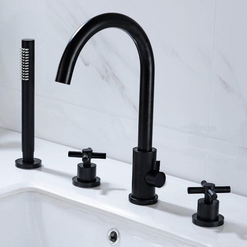 Modern Roman Tub Faucet Set Copper Deck-Mount with Handles Bathtub Faucet Black 4 Hole Faucets Hand Shower Included Clearhalo 'Bathroom Remodel & Bathroom Fixtures' 'Bathtub Faucets' 'bathtub_faucets' 'Home Improvement' 'home_improvement' 'home_improvement_bathtub_faucets' 7126631