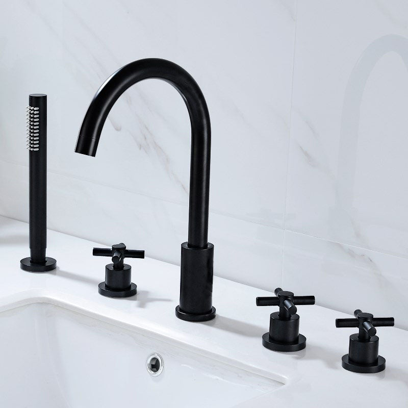 Modern Roman Tub Faucet Set Copper Deck-Mount with Handles Bathtub Faucet Black 5 Hole Faucets Hand Shower Included Clearhalo 'Bathroom Remodel & Bathroom Fixtures' 'Bathtub Faucets' 'bathtub_faucets' 'Home Improvement' 'home_improvement' 'home_improvement_bathtub_faucets' 7126632