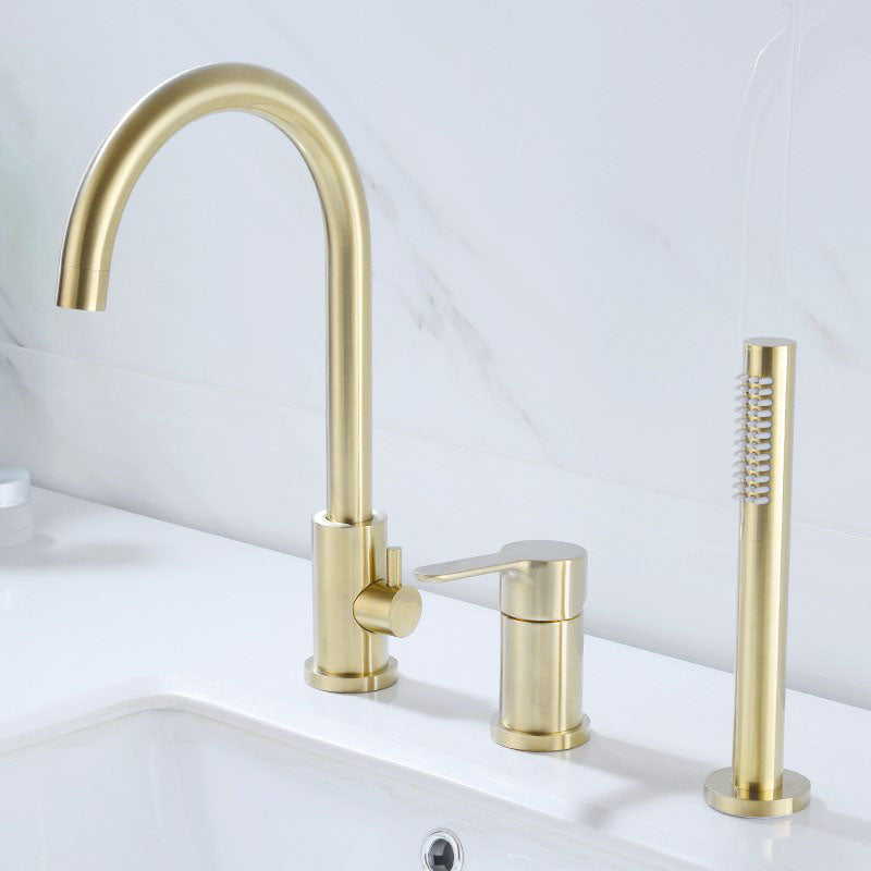 Modern Roman Tub Faucet Set Copper Deck-Mount with Handles Bathtub Faucet Gold 3 Hole Faucets Hand Shower Included Clearhalo 'Bathroom Remodel & Bathroom Fixtures' 'Bathtub Faucets' 'bathtub_faucets' 'Home Improvement' 'home_improvement' 'home_improvement_bathtub_faucets' 7126644