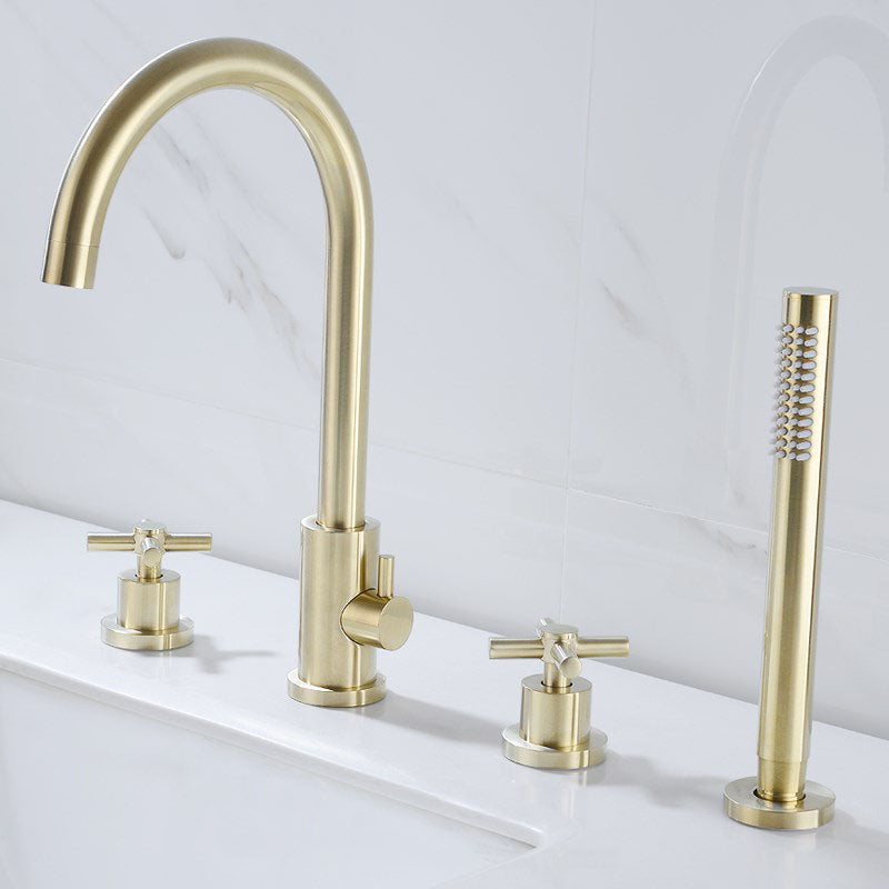 Modern Roman Tub Faucet Set Copper Deck-Mount with Handles Bathtub Faucet Gold 4 Hole Faucets Hand Shower Included Clearhalo 'Bathroom Remodel & Bathroom Fixtures' 'Bathtub Faucets' 'bathtub_faucets' 'Home Improvement' 'home_improvement' 'home_improvement_bathtub_faucets' 7126645