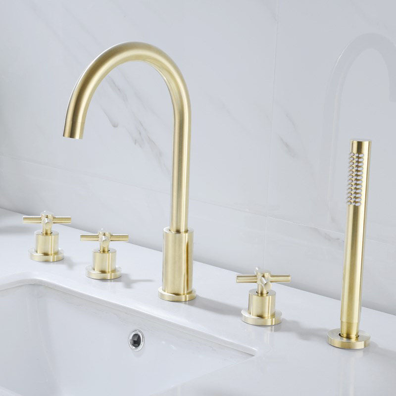 Modern Roman Tub Faucet Set Copper Deck-Mount with Handles Bathtub Faucet Gold 5 Hole Faucets Hand Shower Included Clearhalo 'Bathroom Remodel & Bathroom Fixtures' 'Bathtub Faucets' 'bathtub_faucets' 'Home Improvement' 'home_improvement' 'home_improvement_bathtub_faucets' 7126646