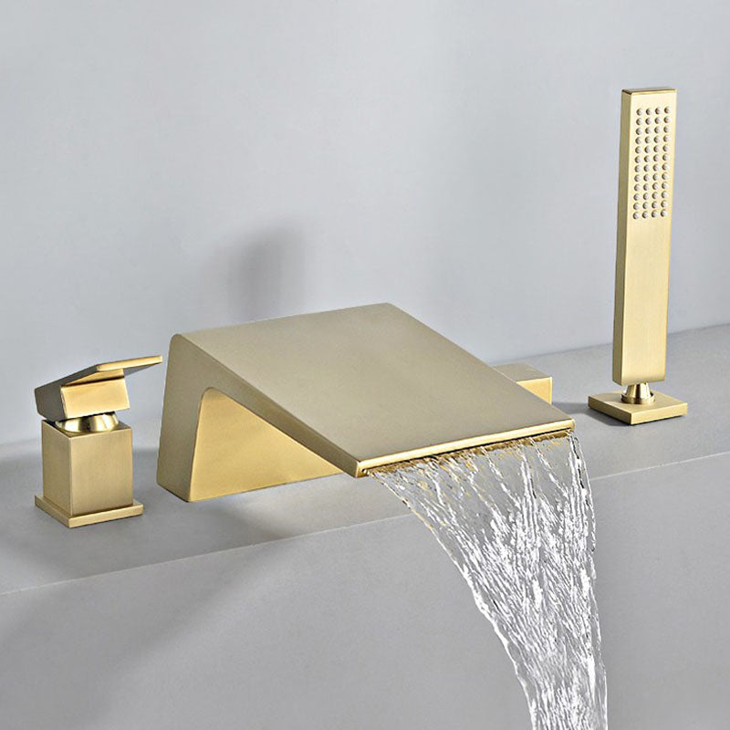 Modern Tub Spout Trim Copper Deck-Mount with Hand Shower and Handles Roman Tub Faucet Clearhalo 'Bathroom Remodel & Bathroom Fixtures' 'Bathtub Faucets' 'bathtub_faucets' 'Home Improvement' 'home_improvement' 'home_improvement_bathtub_faucets' 7126686
