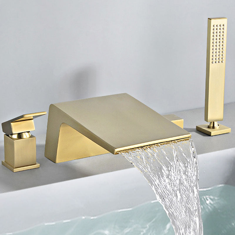 Modern Tub Spout Trim Copper Deck-Mount with Hand Shower and Handles Roman Tub Faucet Clearhalo 'Bathroom Remodel & Bathroom Fixtures' 'Bathtub Faucets' 'bathtub_faucets' 'Home Improvement' 'home_improvement' 'home_improvement_bathtub_faucets' 7126688
