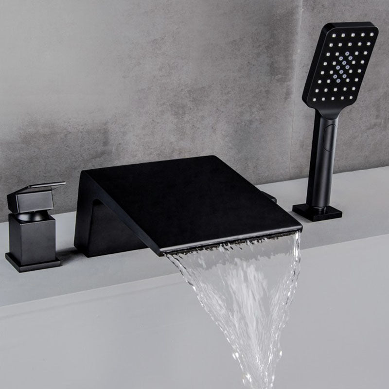 Modern Tub Spout Trim Copper Deck-Mount with Hand Shower and Handles Roman Tub Faucet Black 4 Hole Faucets Clearhalo 'Bathroom Remodel & Bathroom Fixtures' 'Bathtub Faucets' 'bathtub_faucets' 'Home Improvement' 'home_improvement' 'home_improvement_bathtub_faucets' 7126690