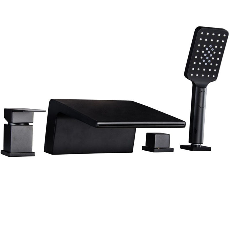 Modern Tub Spout Trim Copper Deck-Mount with Hand Shower and Handles Roman Tub Faucet Clearhalo 'Bathroom Remodel & Bathroom Fixtures' 'Bathtub Faucets' 'bathtub_faucets' 'Home Improvement' 'home_improvement' 'home_improvement_bathtub_faucets' 7126694