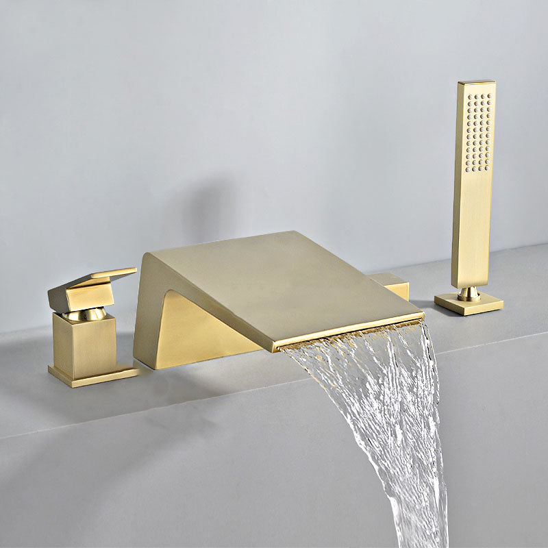 Modern Tub Spout Trim Copper Deck-Mount with Hand Shower and Handles Roman Tub Faucet Gold 4 Hole Faucets Clearhalo 'Bathroom Remodel & Bathroom Fixtures' 'Bathtub Faucets' 'bathtub_faucets' 'Home Improvement' 'home_improvement' 'home_improvement_bathtub_faucets' 7126706